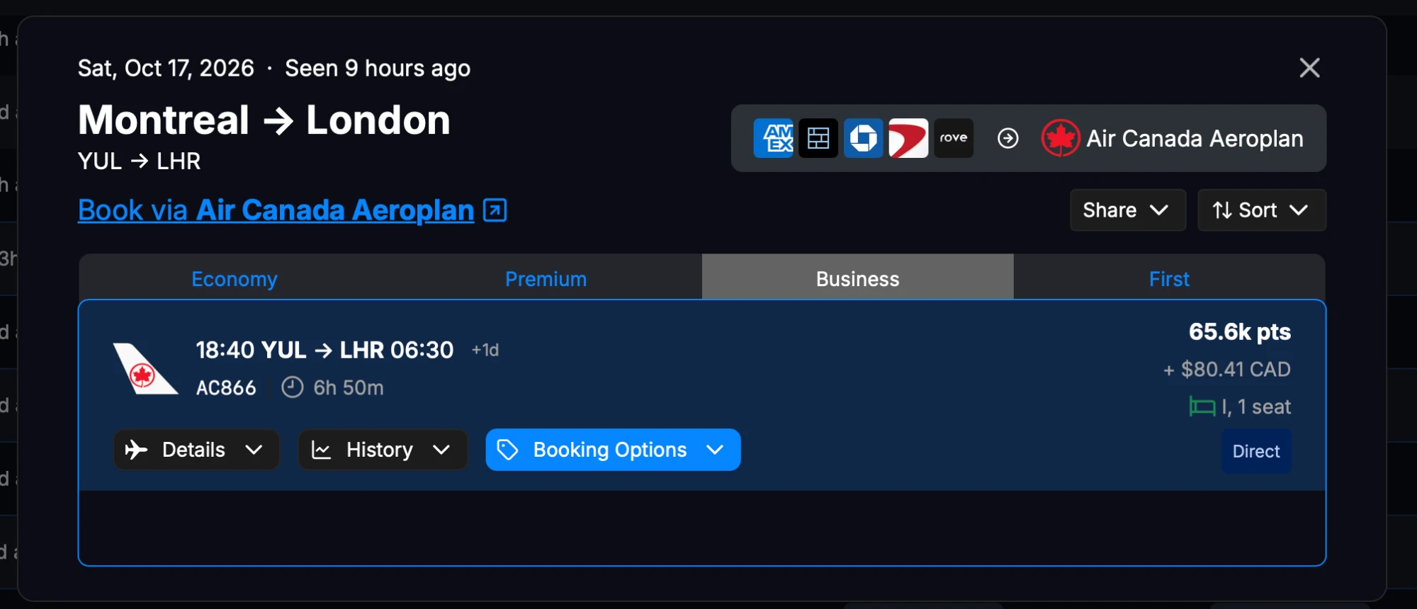 Aeroplan award search: Montreal to London, October 17, 2026, business class on AC866 for 65.6k points plus $80.41 CAD, one seat