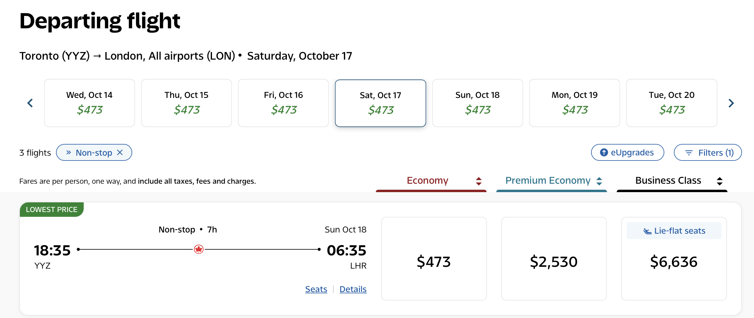 Air Canada fare page: Toronto to London, October 17, 2026. Economy $473, Premium Economy $2,530, Business Class $6,636