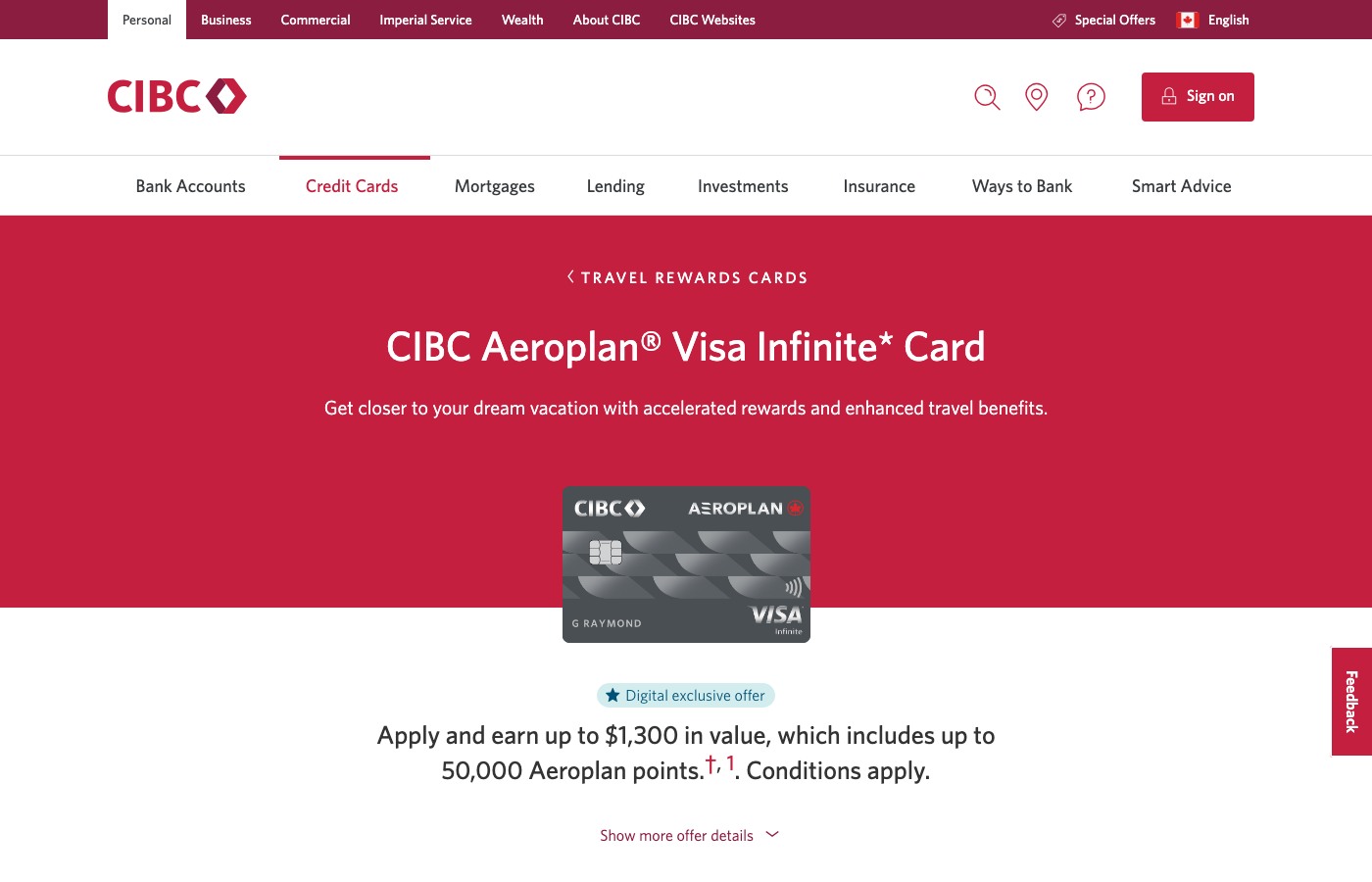 CIBC Aeroplan Visa Infinite: apply and earn up to $1,300 in value, digital exclusive offer