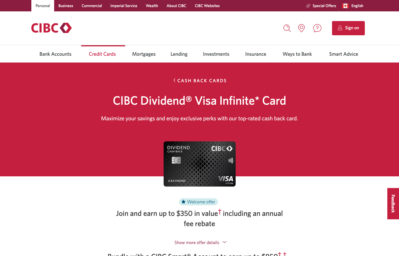 CIBC Dividend Visa Infinite: join and earn up to $350 in value