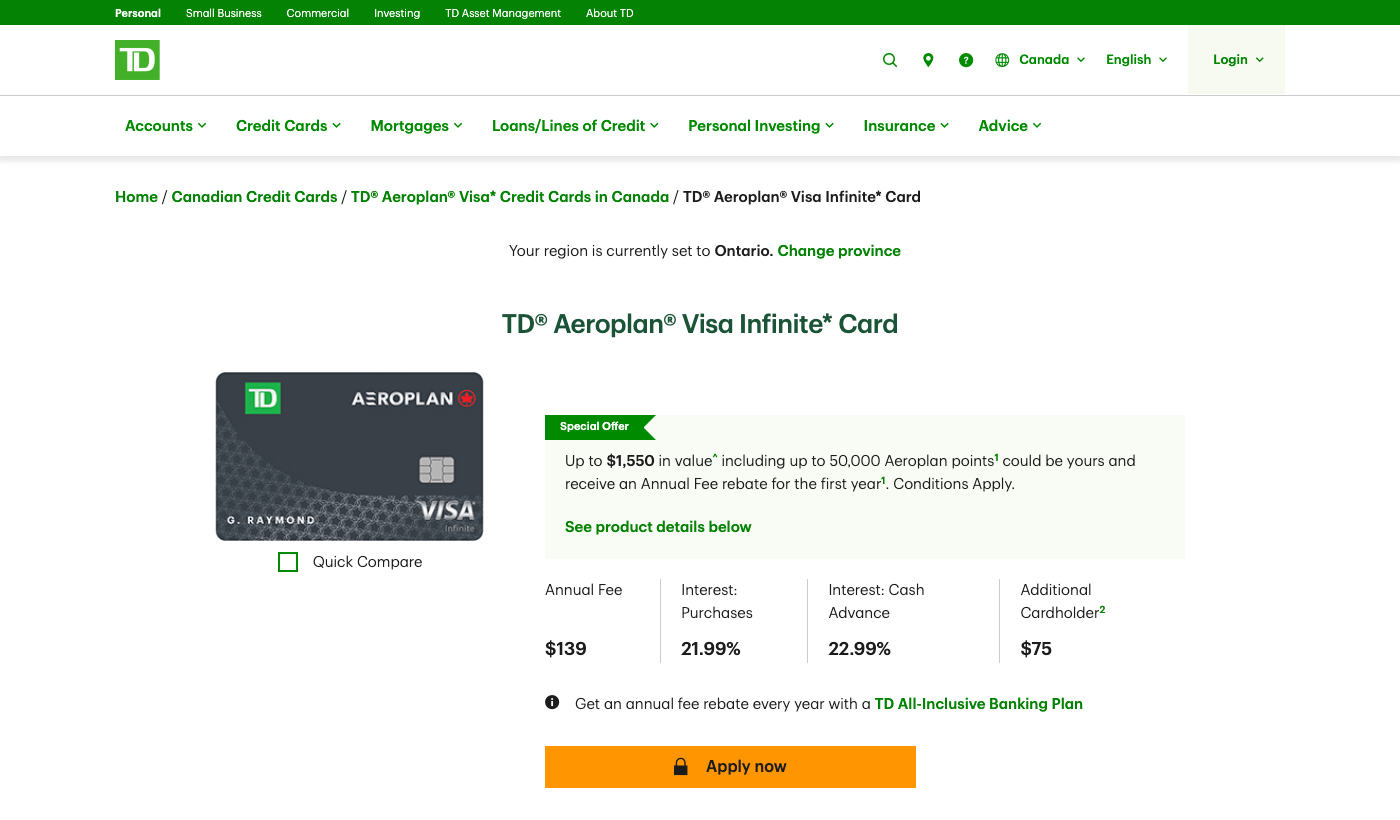 TD Aeroplan Visa Infinite: up to $1,550 in value including up to 50,000 Aeroplan points and a first-year fee rebate